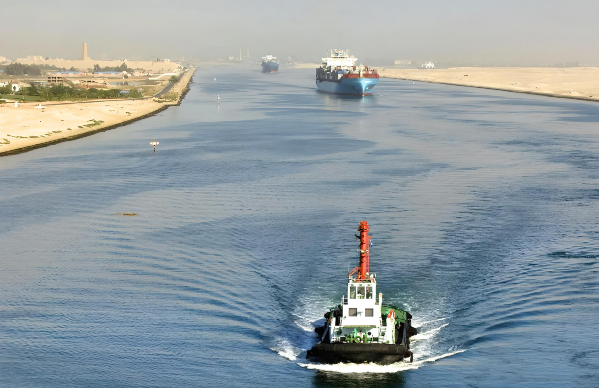 Ships in the Suez Canal in Egypt.